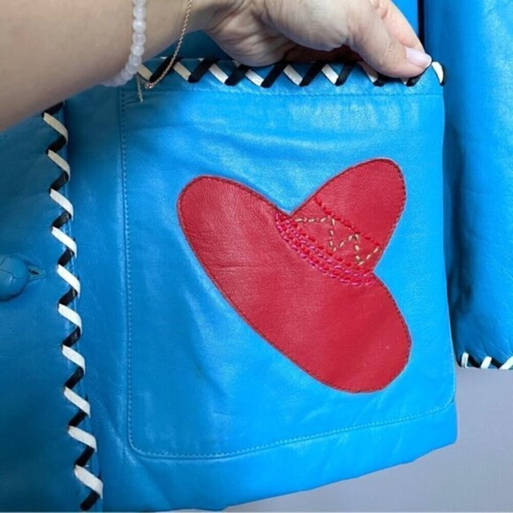Vintage 80s Hannah Pang Blue Patchwork Leather Southwestern Jacket - M/L - Picture 6 of 14